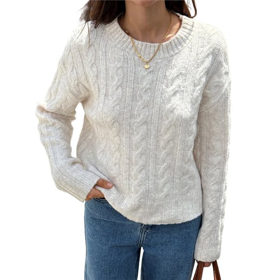 Women's Casual Vacation Wool Solid Color Sweater Autumn and Winter Round Neck Long Sleeve Pullover Top Color L