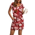 thumbnail image 1 of Women s Casual Valentine Heart Print Dress V Neck Short Sleeve Drawstring Waist with Pockets Soft Comfortable Loungewear Nightgown for Home Daily Wear Multiple Colors, 1 of 6