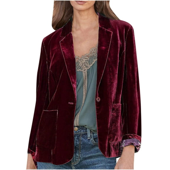Women's Casual Velvet Blazer Jackets Long Sleeve Buttons Open Front 0ffice Blazer Vintage Solid Color Slim Fit Lightweight Fall Business Cardigan Jacket