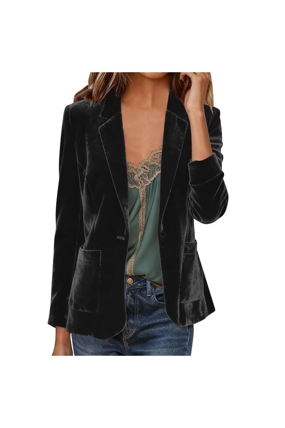 Women's Casual Velvet Blazer Notched Lapel Vintage Office Button Front Blazer Long Sleeve V Neck Jackets Coat Blazers