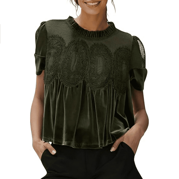 Women's Casual Velvet Lace Blouse Elegant Loose Short Sleeve Intricate Back Flared Swing Top
