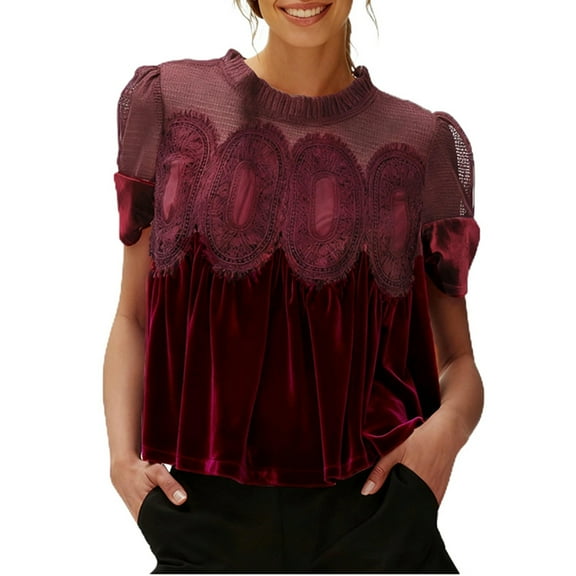 Women's Casual Velvet Lace Blouse Elegant Loose Short Sleeve Intricate Back Flared Swing Top