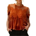 thumbnail image 1 of Women's Casual Velvet Lace Blouse Elegant Loose Short Sleeve Intricate Back Flared Swing Top, 1 of 7