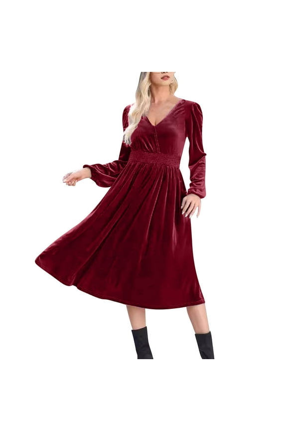 Women's Casual Velvet V Neck A Line Solid Color Long Sleeve Closed Midi Dress Burgundy
