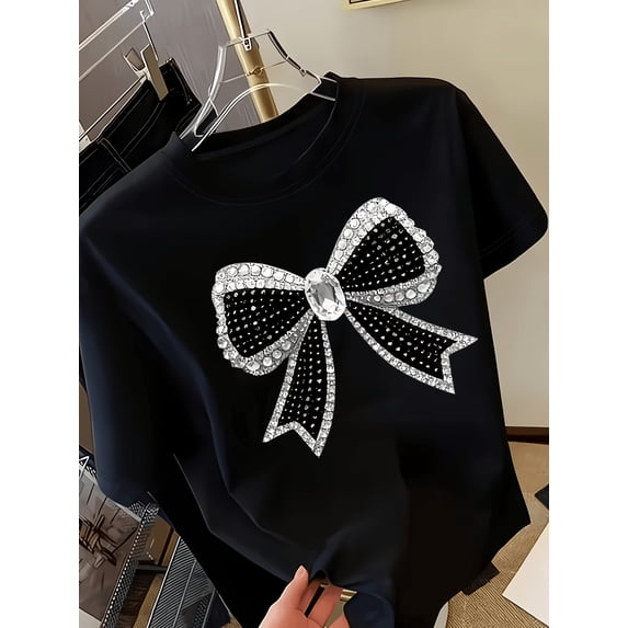 Women's Casual Versatile Crew‑Neck Short‑Sleeve T‑Shirt With Light‑Luxury Rhinestone Bow Print