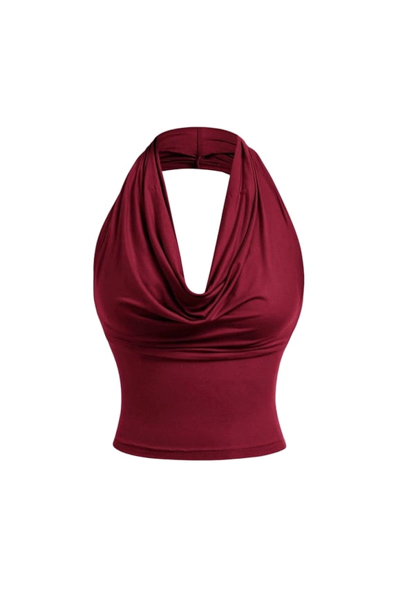Women's Casual Versatile Halter V Neck Draped Front Open Back Solid Color Tank Top Red