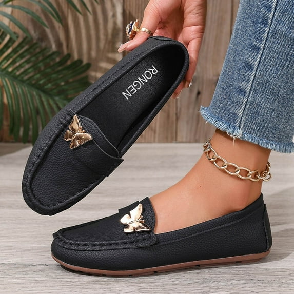 Women's Casual Versatile Round-Toe Low-Heeled Comfortable Shoes With Embellishments Plus Size Spring/Summer Style Trendy Soft-Soled Loafers.