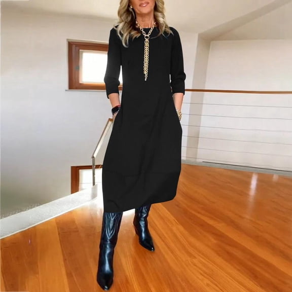 Women's Casual Versatile Solid Color Loose Round Neck Long Sleeve Dress Women Dresses Casual Fall Chambray Striped Dress Casual Dress Dress for Concert Wrap Dresses Summer Short Casual Dress for Women