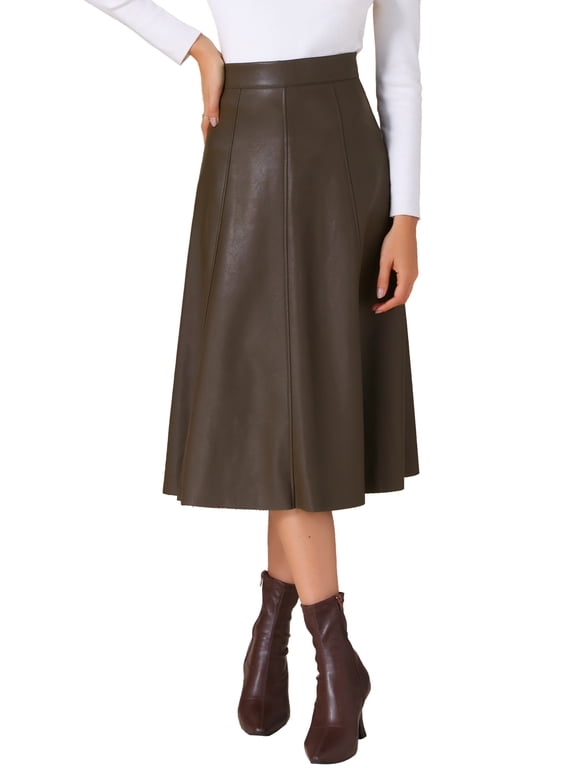 Women's Skirt Casual Vintage High Waist A Line Faux PU Leather Midi Skirts L Brown