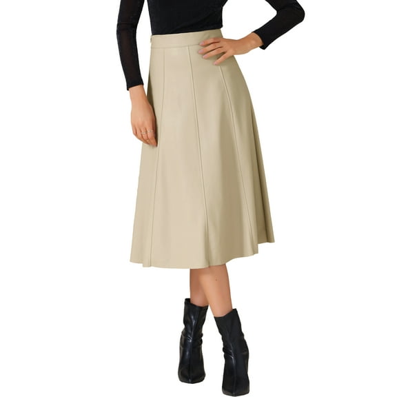 INSPIRE CHIC Women's Skirt Casual Vintage High Waist A Line Faux PU Leather Midi Skirts M Apricot White