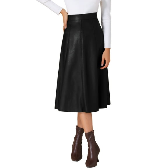 INSPIRE CHIC Women's Skirt Casual Vintage High Waist A Line Faux PU Leather Midi Skirts S Black