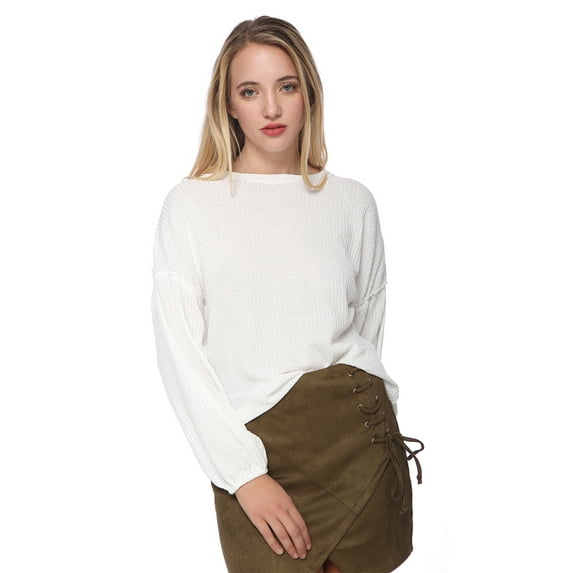 Women's Casual Waffle Knit Crew Neck Balloon Sleeve Pullover Sweater