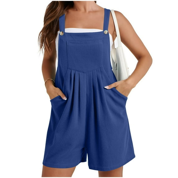 Women's Casual Waffle Knit Overall Shorts Shortall Rompers Jumpsuits Shorts Sleeveless Cute Shorts Wide Leg Shortalls with Pockets Summer Shorts One Piece Outfits, Dark Blue (Medium)