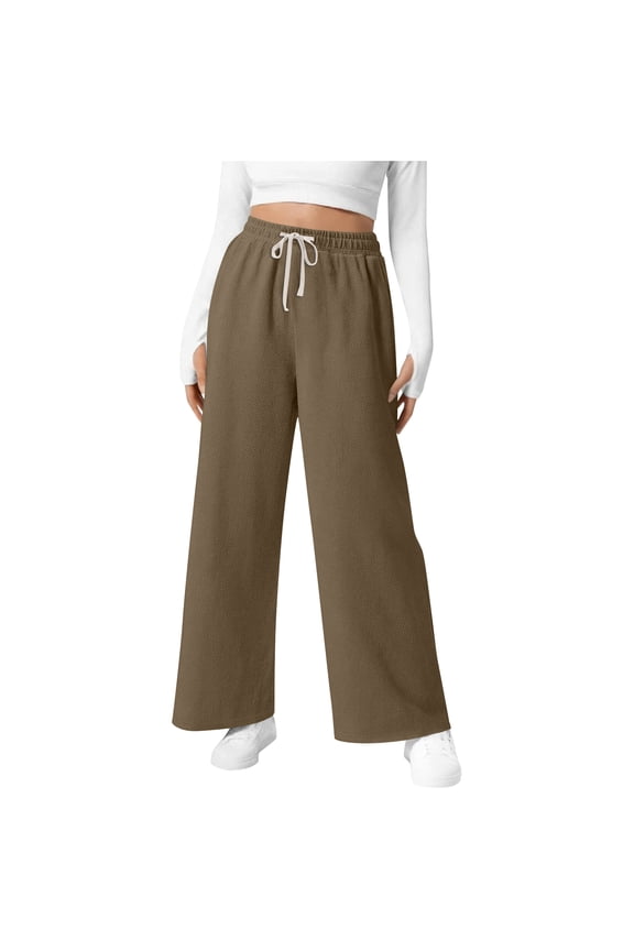 Women's Casual Waffle Pattern Pants, Relaxed Fit with Elastic Waist and Drawstring for Daily Wear, Comfortable Lounge Pants with Soft Breathable Fabric,Brown,M