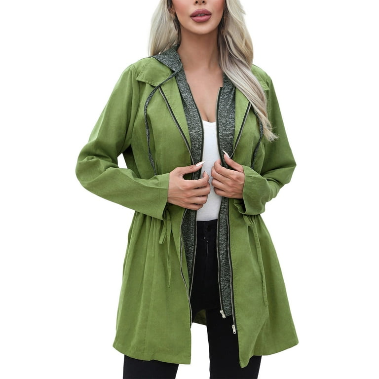Women s Casual Waist Double Zipper Contrast Coat Medium Long Sleeve Hooded Jacket Windbreaker
