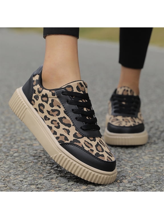 Women's Casual Walking Shoes with Leopard Print Upper Lace Up Sneaker Design Platform Sole Shoes for Travel and Everyday Fashion