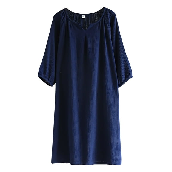 ZQUUVOU Women's Casual Wash Crepe Thin Pullover With Five-Quarter Sleeves Mid-Length Dress Navy