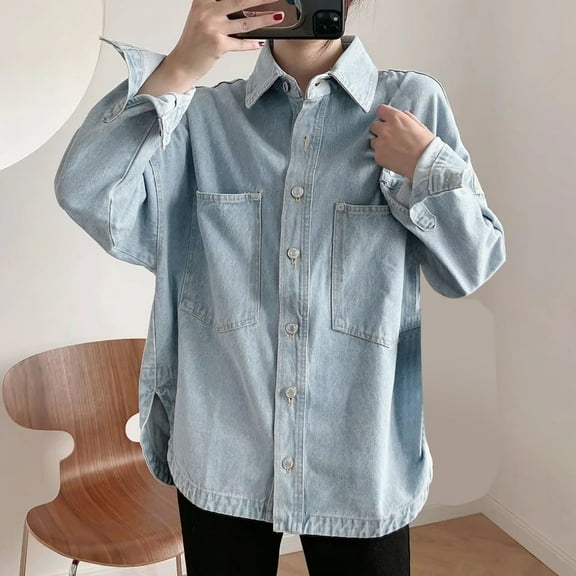 Women's Casual Wash Denim Jacket Business Shirt Women Long Sleeve Button up Blouse Band Tees for Women Three Quarter Length Sleeve Tops for Women Log Sleeve T Shirts for Women Lack Long Sleeve Shirt