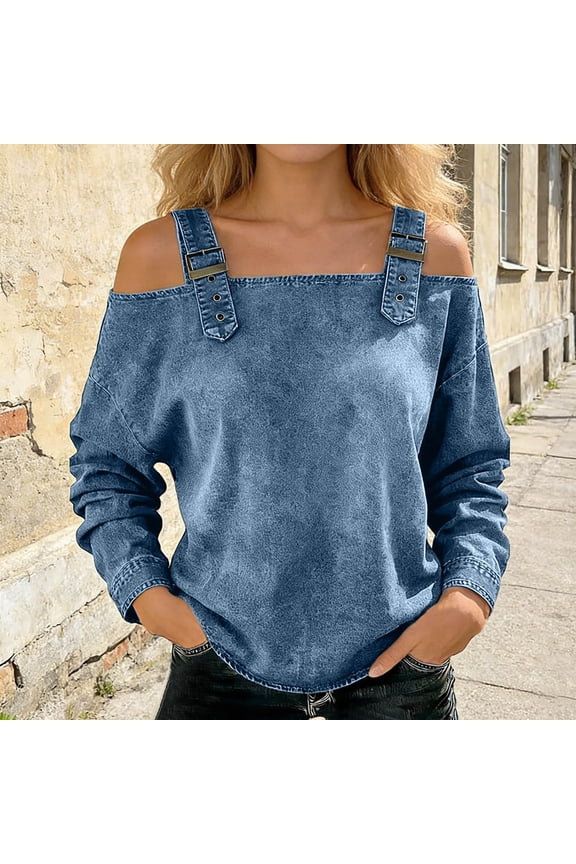 Women's Casual Washed Denim Cold Shoulder Buckle Strap Long Sleeve Blouse, Off-The-Shoulder Strapless Denim Shirt Top