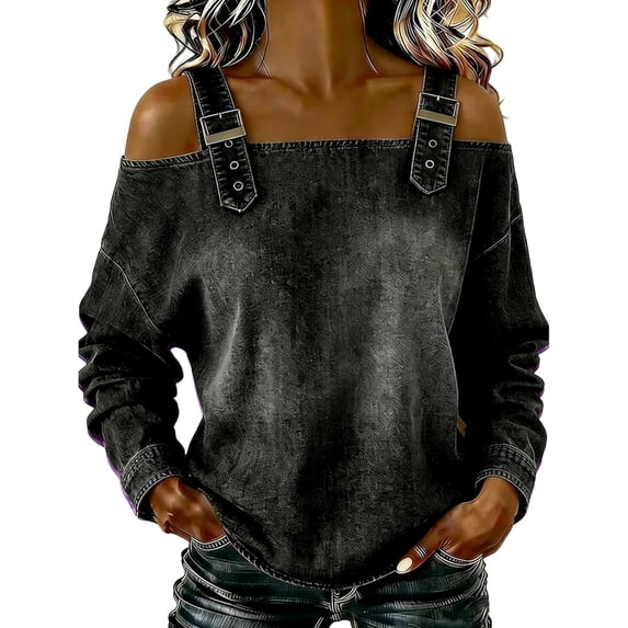 Women's Casual Washed Denim Cold Shoulder Buckle Strap Long Sleeve Blouse, Off-The-Shoulder Strapless Denim Shirt Top