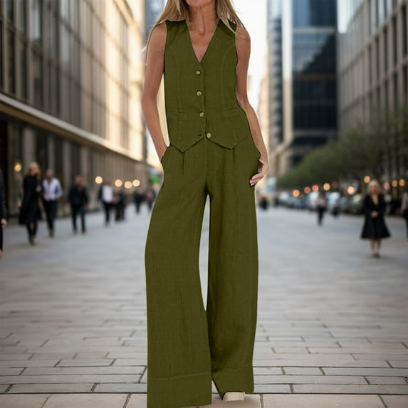 Women's Casual Wear Women's Button Down Sleeveless Vest Shirt Straight Wide Leg Pants With Pocket Suit Lady Suits Business plus Size Wedding Guest Dresses for Bride Suits for Women Tall Sweatpants Set