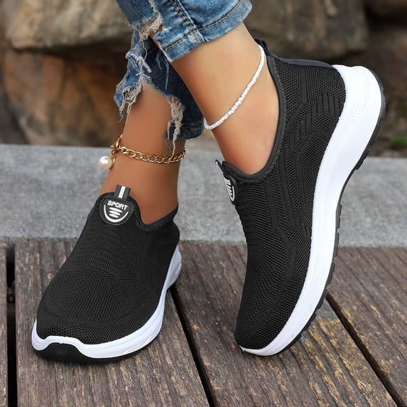 Women's Casual Wedge Shoes, Breathable Mesh Knit Upper, Lightweight Comfortable Sneakers, Slip-On Sock Style, Shock Absorbing Sole, Versatile for Spring Summer Outdoor Indoor Wear Black C