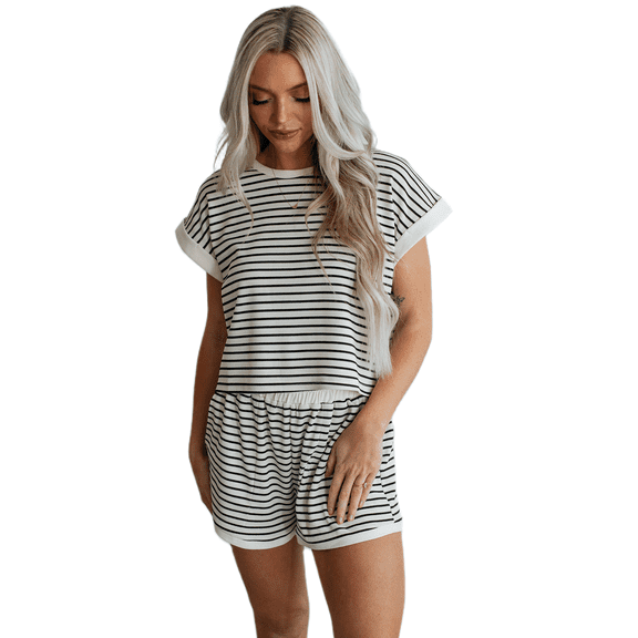 Women's Casual White Stripe Contrast Edge Tee and Shorts Set
