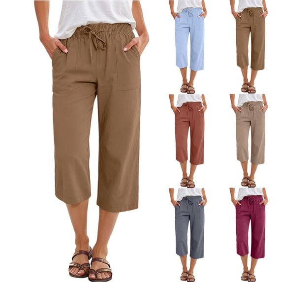 Women's Casual Wide Leg Capri Pants Elastic Waist Drawstring Lightweight Cropped Trousers with Pockets Brown S