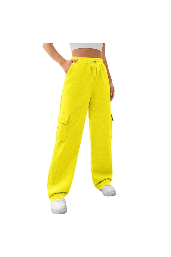 Women's Casual Wide Leg Cargo Pants Elastic Waist Drawstring Loose Trousers with Side Pockets for Yoga Gym Street Daily Wear Yellow S