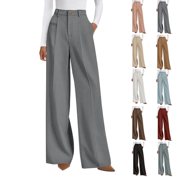 Women's Casual Wide Leg Dress-Pants, High Elastic Waisted in The Back Business Flowy Trousers with Pockets Gray L