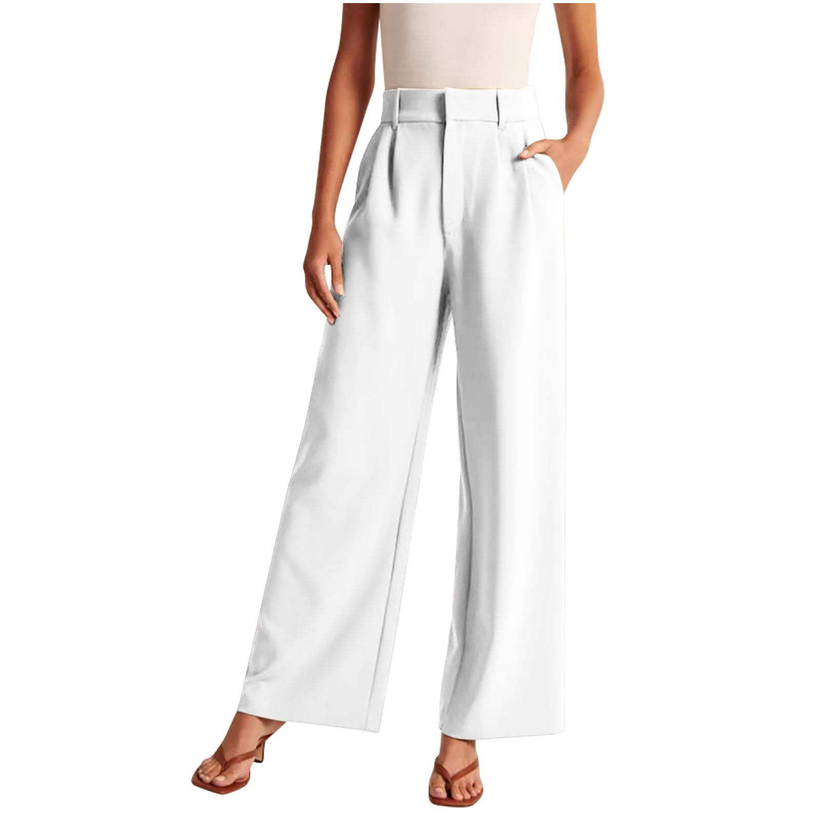 Women's Casual Wide Leg Dress Pants High Waisted Button Down Straight-Leg  Long Trousers Business Loose Pants(M,White)