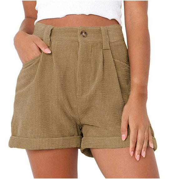 Women's Casual Wide Leg High Waist Cuffed Hem Corduroy Shorts Solid Color Summer Work Office Shorts with Pockets
