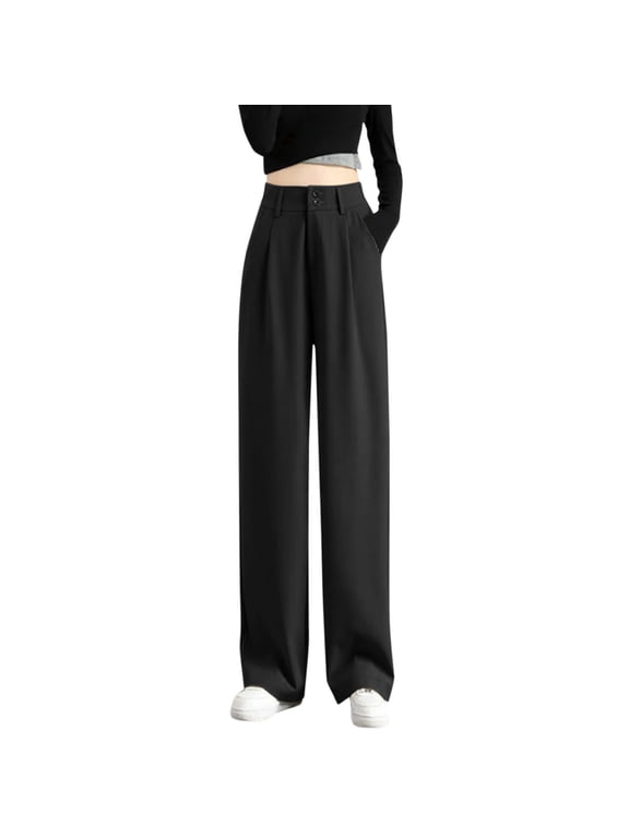 Women's Casual Wide Leg High Waisted Button Down Straight Long Trousers Pants
