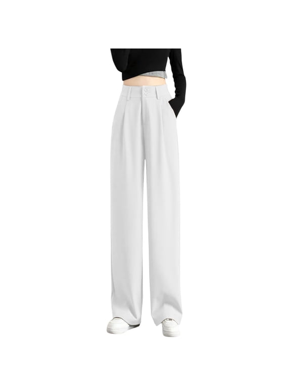 Women's Casual Wide Leg High Waisted Button Down Straight Long Trousers Pants