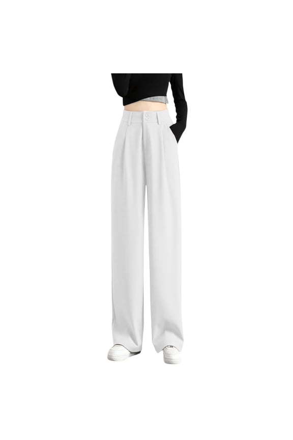 Women's Casual Wide Leg High Waisted Button Down Straight Long Trousers Pants
