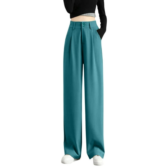 Women's Casual Wide Leg High Waisted Button Down Straight Long Trousers Pants