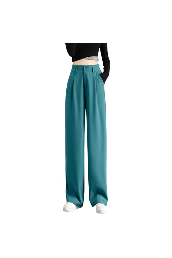 Women's Casual Wide Leg High Waisted Button Down Straight Long Trousers Pants