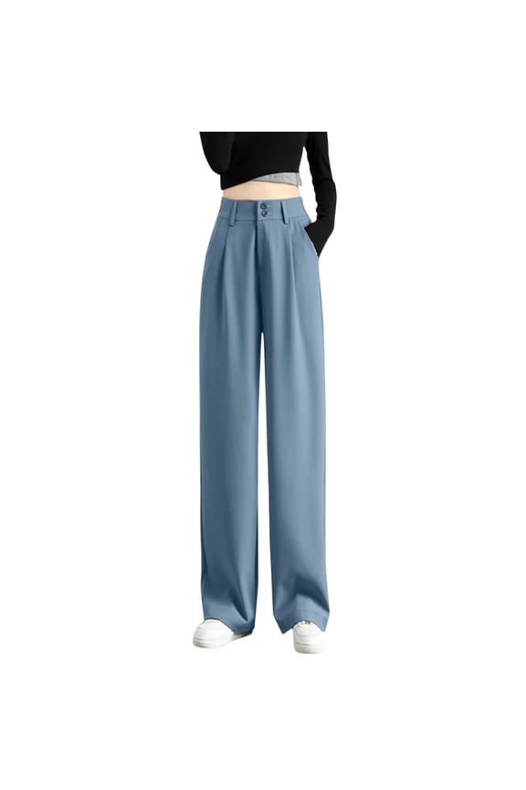 Women's Casual Wide Leg High Waisted Button Down Straight Long Trousers Pants