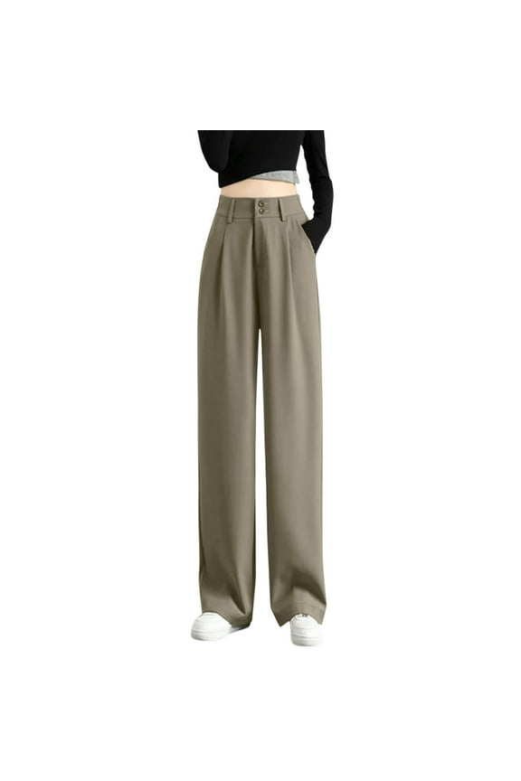 Women's Casual Wide Leg High Waisted Button Down Straight Long Trousers Pants