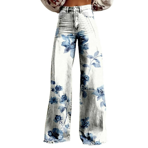 Women's Casual Wide Leg High Waisted Pants Vintage Floral Print Straight Stretch Pants with Pockets Sweatpants