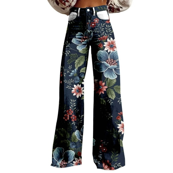 Women's Casual Wide Leg High Waisted Pants Vintage Floral Print Straight Stretch Pants with Pockets Sweatpants