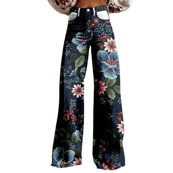 Women's Casual Wide Leg High Waisted Pants Vintage Floral Print Straight Stretch Pants with Pockets Sweatpants Clearance