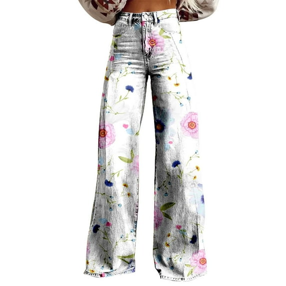 Women's Casual Wide Leg High Waisted Pants Vintage Floral Print Straight Stretch Pants with Pockets Sweatpants Clearance