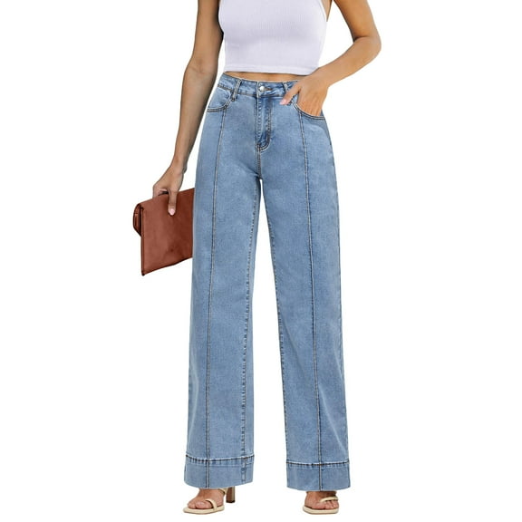 Women's Casual Wide Leg Jeans High Waisted Stretchy Straight Leg Baggy Drawstring Denim Pants, Trendy and Relaxed Fit with Adjustable Waistband for Perfect Comfort,Blue,M