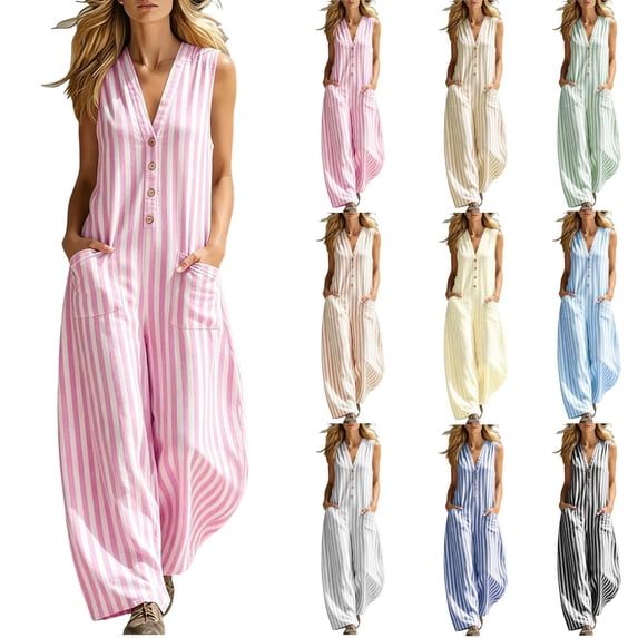 Women's Casual Wide Leg Jumpsuit with Pockets, Elastic Waist Loose Fit, Sleeveless V-Neck Button Up, Summer Beach Vacation Outfit, Soft Lightweight Womens Pants | UKHCCC,Beige L