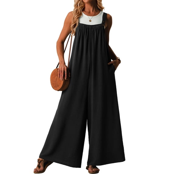 Women's Casual Wide Leg Jumpsuit Sleeveless Loose Fit Summer Romper with Pockets