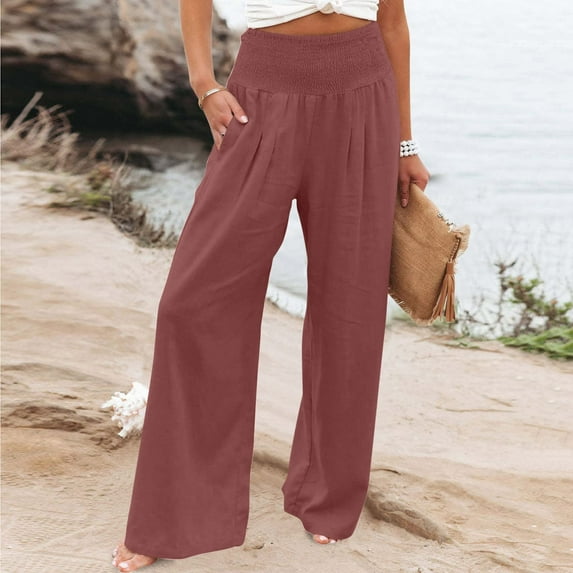 Women's Casual Wide Leg Palazzo Pants High Waisted Smocked Lounge Trousers with Pockets
