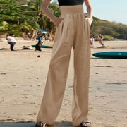 FAVIPT Women Linen Palazzo Pants Summer Boho Wide Leg High Waist Casual Lounge Pant Trousers with Pocket