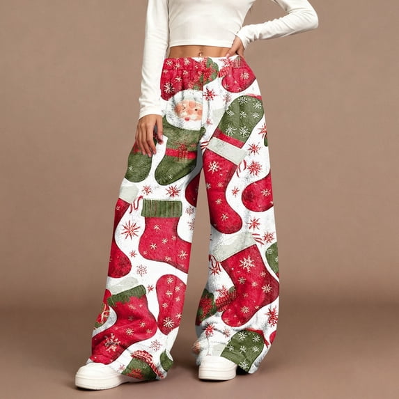 Women's Casual Wide Leg Pants, Christmas Print Elastic Waist Loose Plush Trousers, Cozy Winter Trousers for Indoor and Outdoor Casual Wear,Vermilion,2XL