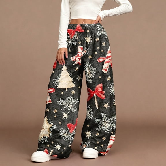Women's Casual Wide Leg Pants, Christmas Print Elastic Waist Loose Plush Trousers, Cozy Winter Trousers for Indoor and Outdoor Casual Wear,Black,XL